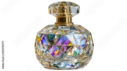 luxury crystal perfume bottle with metallic cap and glass refraction highlights isolated on white background