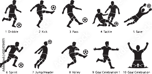 Labeled Soccer Player Positions and Football Action Silhouettes Vector Set