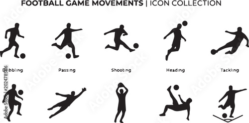 Football Game Movements Icon Collection and Labeled Soccer Silhouette Vector Set