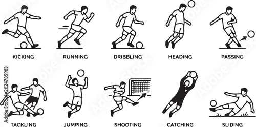 Labeled Soccer Fundamental Skills and Football Player Movements Outline Vector Set