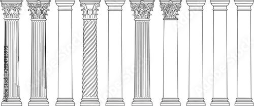 Bilde på lerret Collection of Classical Architectural Columns in Various Styles Featuring Doric,