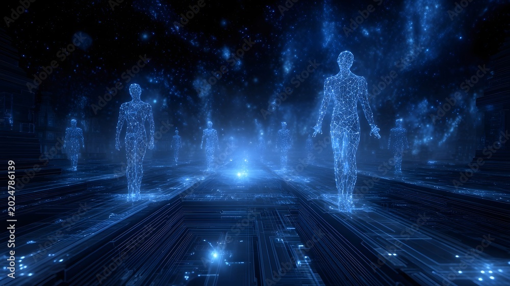 Fototapeta premium Ethereal holographic human figures interact with glowing blue circuitry patterns in a dark futuristic digital environment