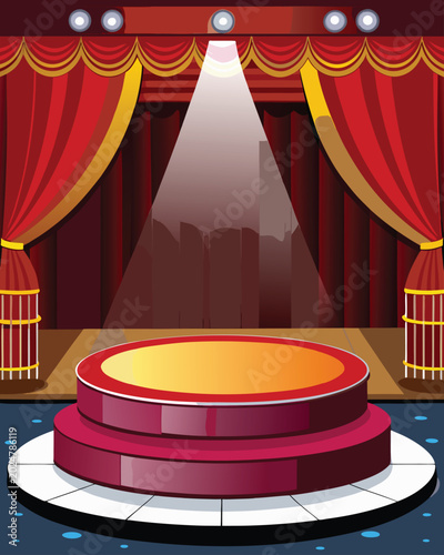 Circular stage podium with red velvet curtains and single bright spotlight illustration vector background for musical performance or talent show presentation with golden decorative elements on top.