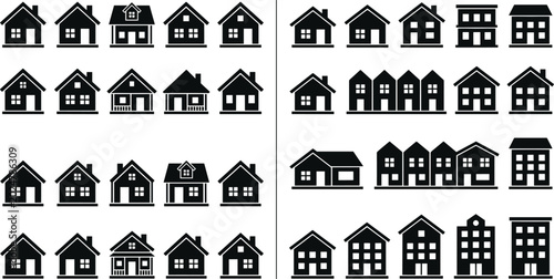 Fotografie Diverse residential house icons in clean silhouette style on white background
