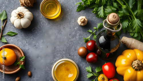 Food cooking background. Food ingredients. Olive oil, herbs and vegeables at stone table top view, digital art. White tone