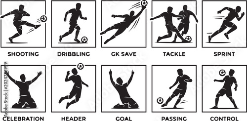 Title: Labeled Soccer Technique Icons and Football Player Action Silhouettes Set