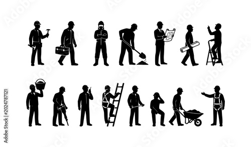Tableau sur toile Black construction worker silhouettes with industrial labor poses and vector ico