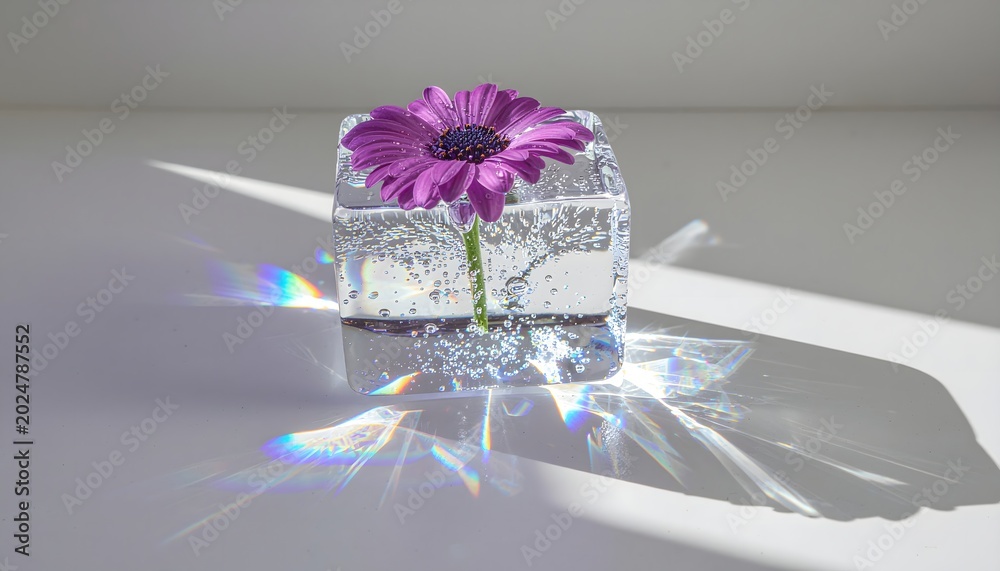 Fototapeta premium A firefly and flower suspended in ice with refractions of light.