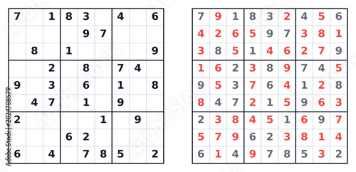 Tableau sur toile Sudoku puzzle grid examples with solved and unsolved sections