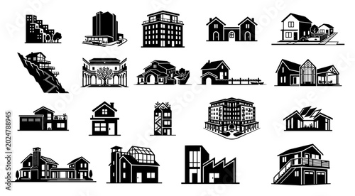 Obraz na plátně Modern architectural buildings and residential houses icons set in graphic style