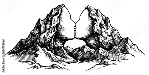Φωτογραφία Mountain peaks forming silhouette of kissing faces in vintage engraving style