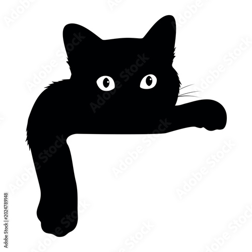 Illustration of a black cat peeking out from around a corner with curious eyes and an outstretched paw, isolated on a white background