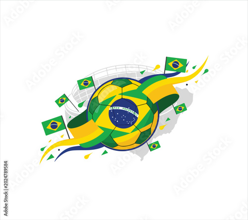 Brazil soccer ball with flags and stadium on country map illustration