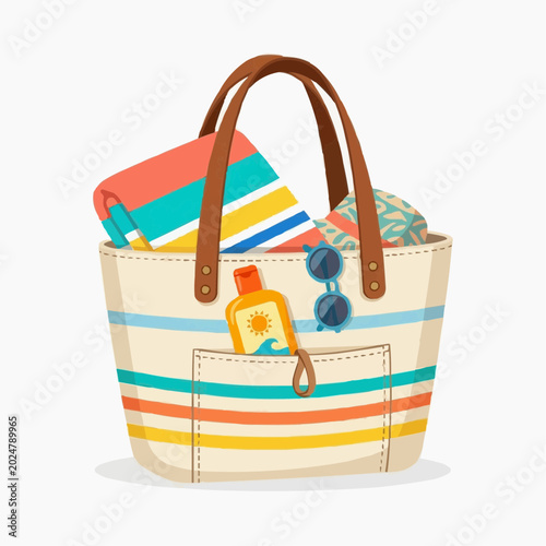 Beach bag filled with summer essentials like a striped towel sunglasses and sunscreen