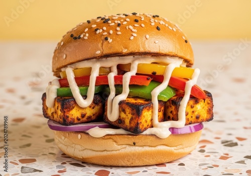Delicious grilled paneer burger with fresh vegetables and creamy sauce