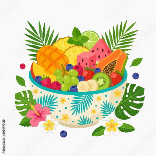 Tropical fruit salad in a decorative bowl with palm leaves and flowers