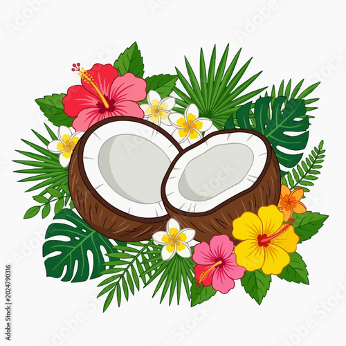 Tropical Coconut Halves Surrounded by Exotic Flowers and Palm Leaves