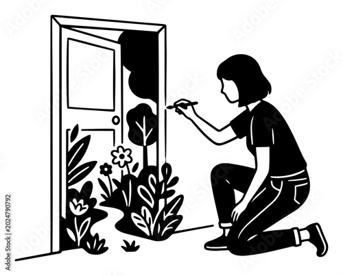 Foto Woman painting magical doorway opening to garden in minimalist line art style