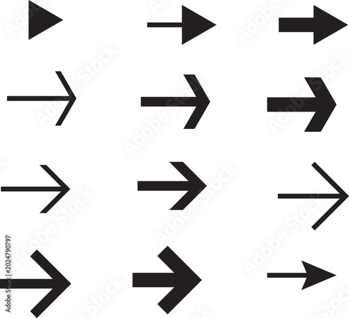 Black Arrow Icons, Directional Symbols, Pointers, Navigation Elements, Vector Graphics