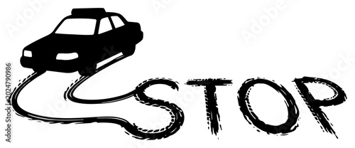 Canvastavla Police car leaving skid marks spelling the word stop in grunge style