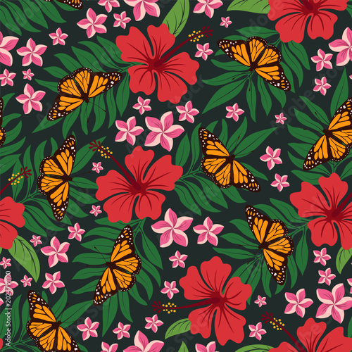Tropical theme seamless pattern with butterflies, foliage, hibiscus and plumeria flowers. Vector illustration.