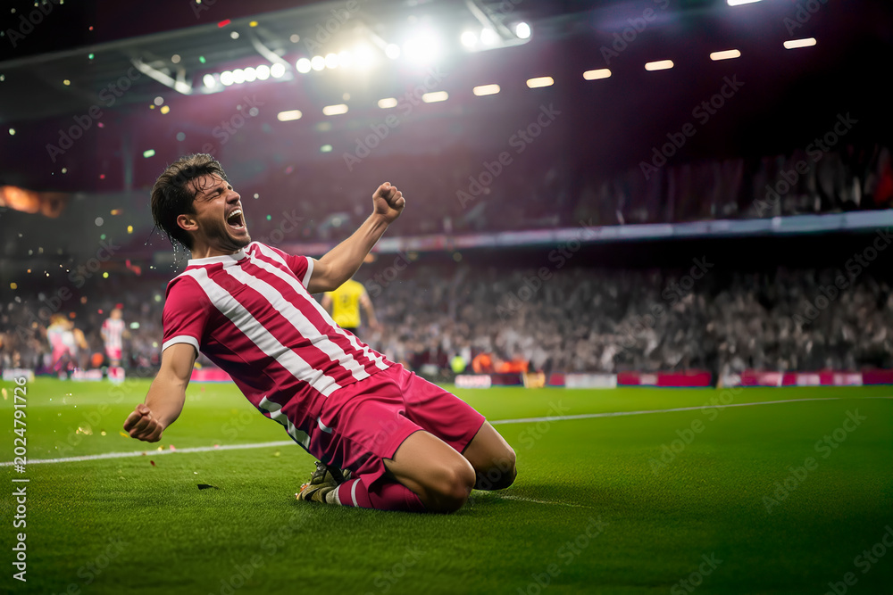 Naklejka premium Professional Soccer Player Celebrating in Red Uniform