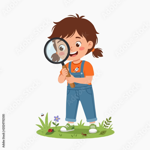 Curious child with magnifying glass exploring nature and insects in a grassy field