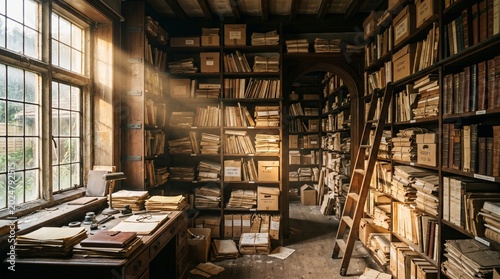 Vintage Library Archive Room with Wooden Bookshelves and Sunbeams through Window
