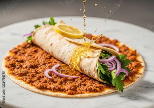 Delicious lahmacun wrap with fresh parsley, red onion, and lemon