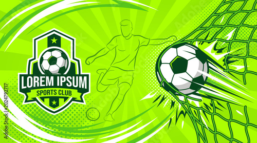 Soccer ball scoring in the goal net with a player outline and a sports club logo on a green halftone background.