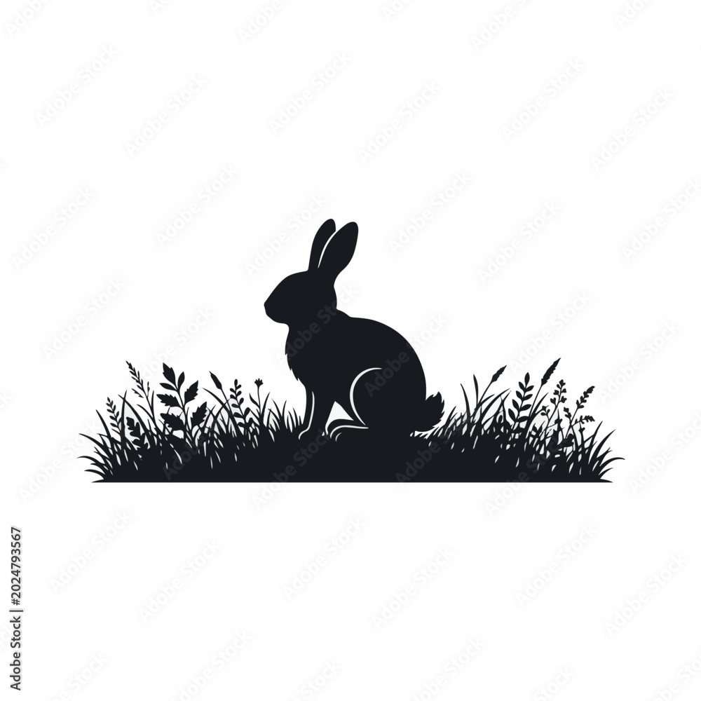 Obraz premium Black silhouette of a rabbit sitting in grass rabbit silhouette meadow animal d