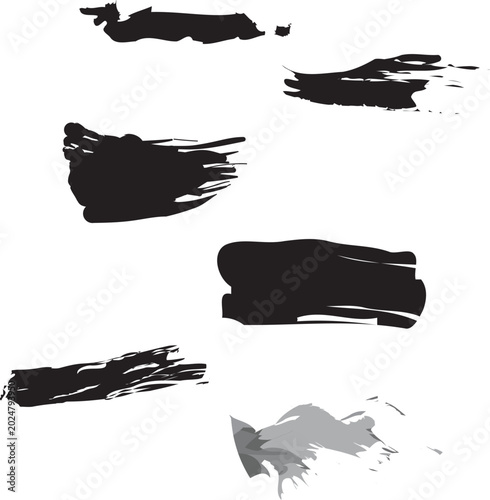 Black brush stroke effects, abstract ink textures, grunge design elements, vector strokes