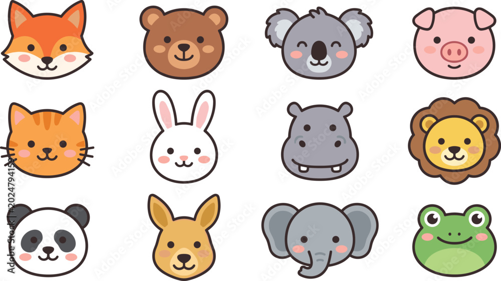 Fototapeta premium Adorable Cartoon Animal Face Bundle Featuring Fox Bear Koala Pig Cat Rabbit Hippo Lion Panda Kangaroo Elephant and Frog Vector Icons