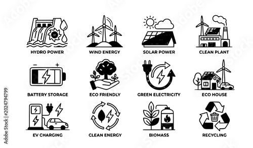 Bild auf Leinwand Renewable energy colorful icon set solar wind hydro power and ecology vector iso
