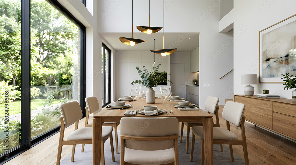 Fototapeta premium Modern Dining Room Interior with Wooden Table and Chairs
