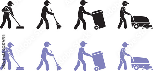 Photos Cleaning Service Worker Icon Set with Sweeping Garbage Collection and Street Swe