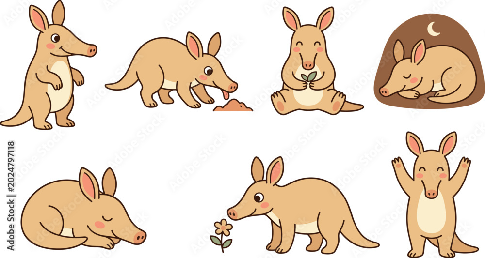 Obraz premium Cute Cartoon Aardvark Character Collection Featuring Standing Digging Sleeping Sitting Walking and Happy Poses for Wildlife Animal Vector Illustration Designs