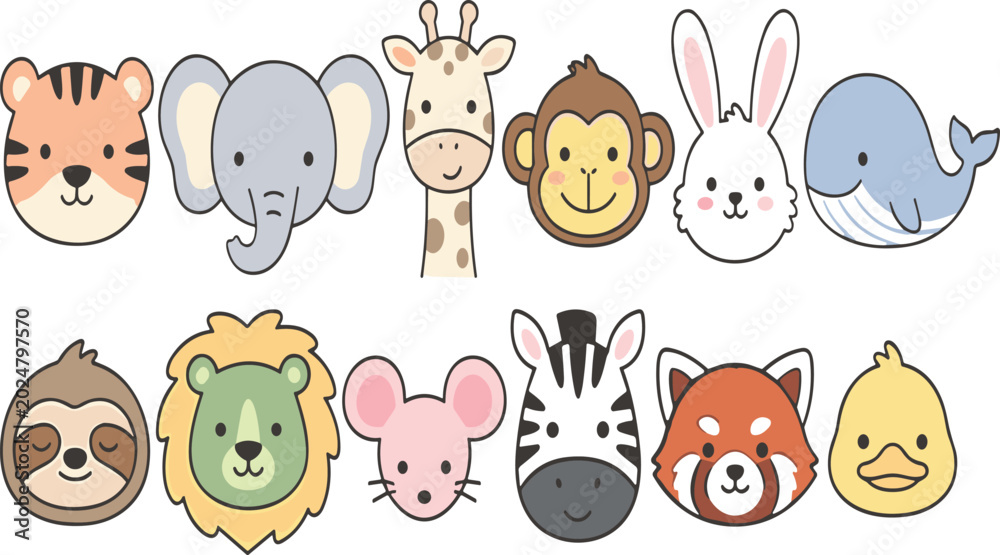 Fototapeta premium Cute Cartoon Animal Face Collection Featuring Tiger Elephant Giraffe Monkey Rabbit Whale Sloth Lion Mouse Zebra Fox and Duck Vector Icons