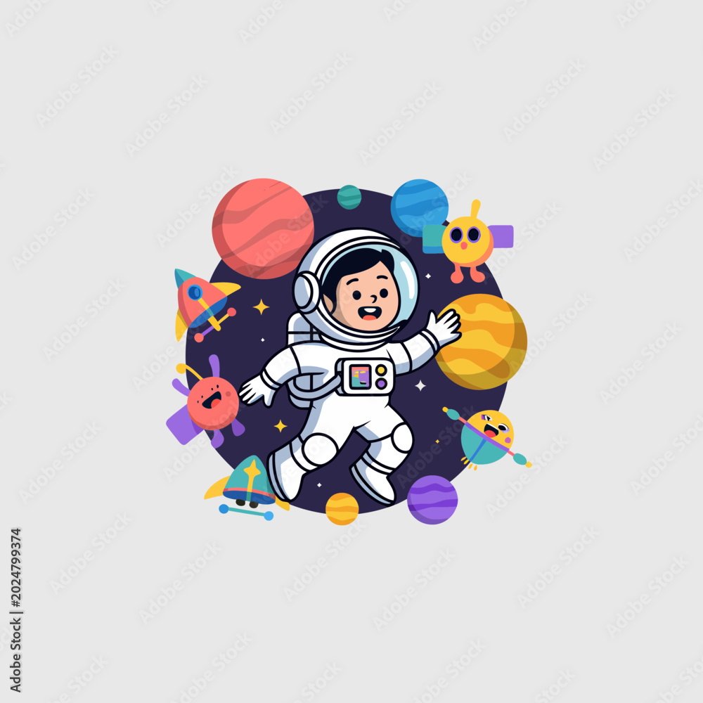 Naklejka premium Astronaut Floating in Space with Planets and Aliens