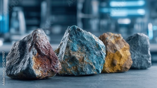 Rare Earth Ore Samples in Modern Laboratory, showcasing intricate mineral specimens with advanced scientific equipment, illuminated by blue lighting, highlighting industrial research.