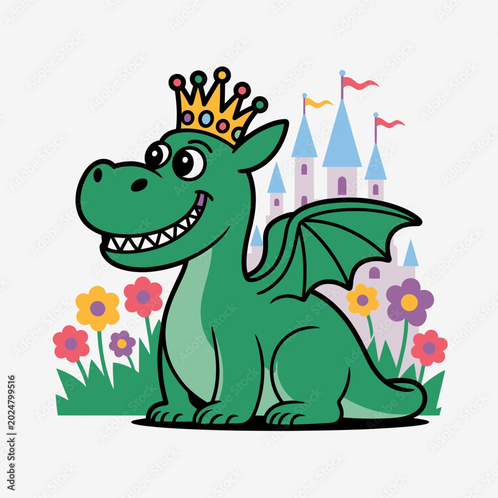 Fototapeta premium Green Dragon Wearing Crown Sitting in Flowers before Castle