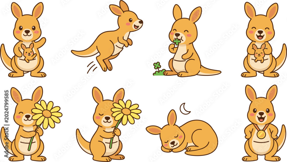 Obraz premium Cute Kangaroo Cartoon Character Collection Featuring Jumping Sleeping Holding Flowers Carrying Baby and Happy Poses for Adorable Wildlife Vector Illustration Designs