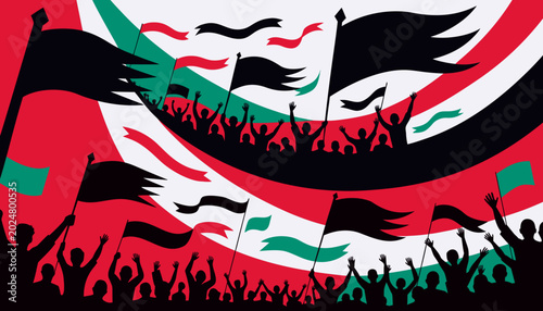 Canvas Print Crowd rallies with flags during protest against red white and green background a