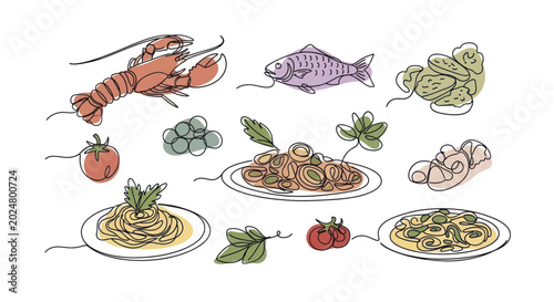 Bild auf Leinwand Delicious Italian Pasta Dishes with Seafood and Fresh Ingredients