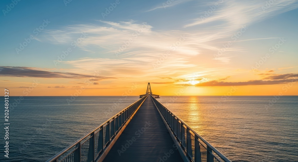 Fototapeta premium A long architectural bridge spans across the deep blue ocean water, leading toward the horizon under a clear sky during a golden sunset, crossing, clouds, sunset