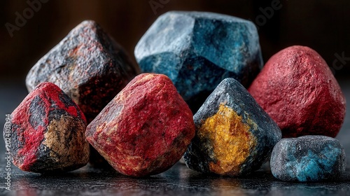 Rare Earth Minerals Display, An elegant arrangement of critical minerals on a reflective surface, illuminated to highlight their unique textures and colors for industrial showcasing
