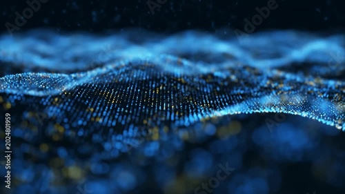 Abstract Blue Particle Wave Background with Digital Data Flow and Futuristic Technology.