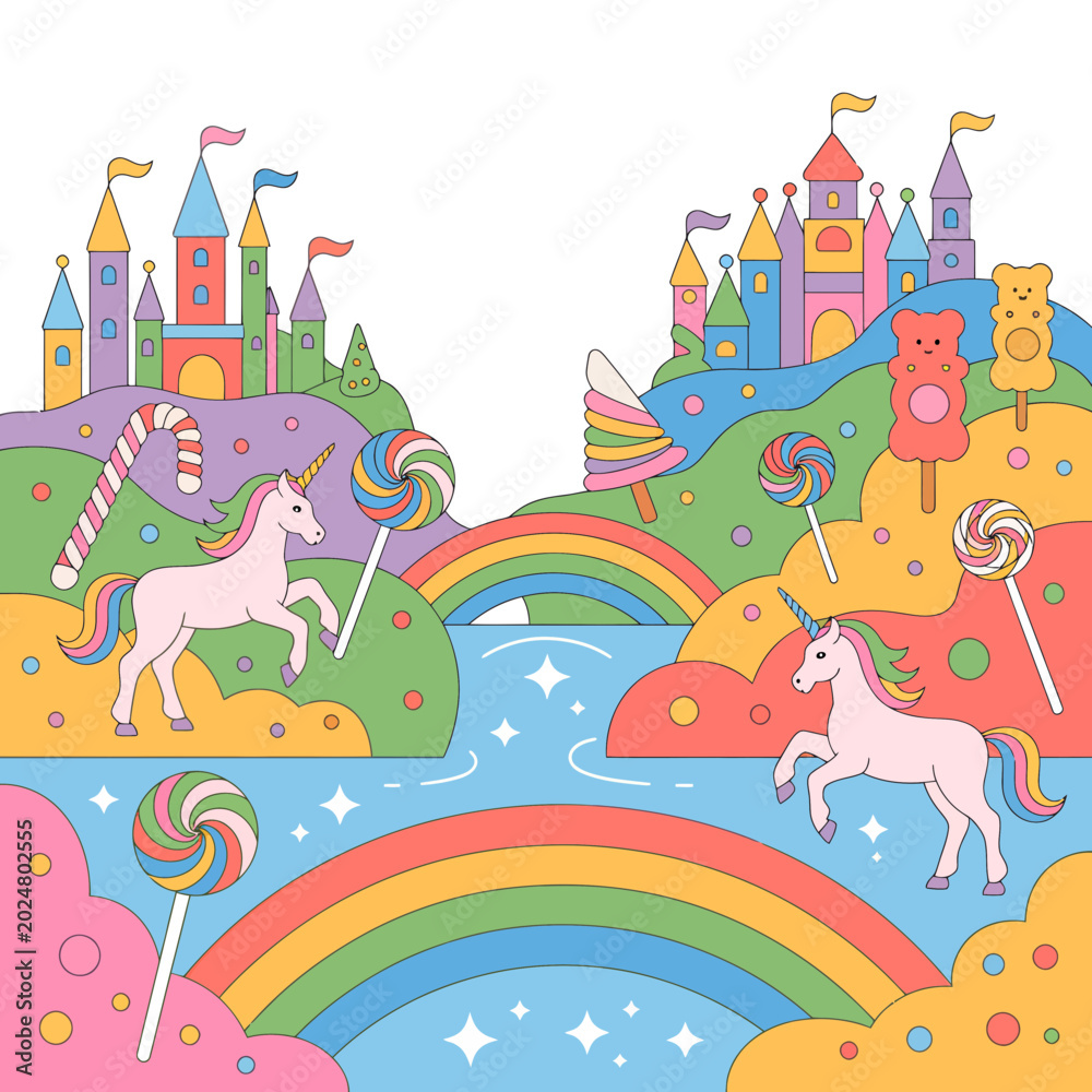 Naklejka premium White Unicorns Running on Rainbow Bridge between Colorful Castles