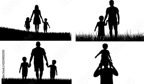 Tableau sur toile Family silhouette collection featuring parents and children outdoor bonding mome