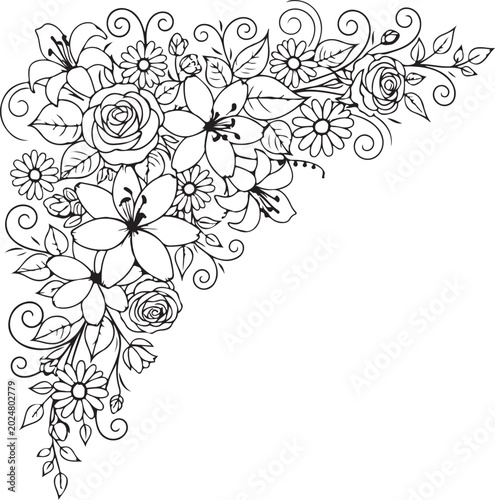 Floral corner border, black line art flowers, swirling vines, botanical illustration, decorative frame